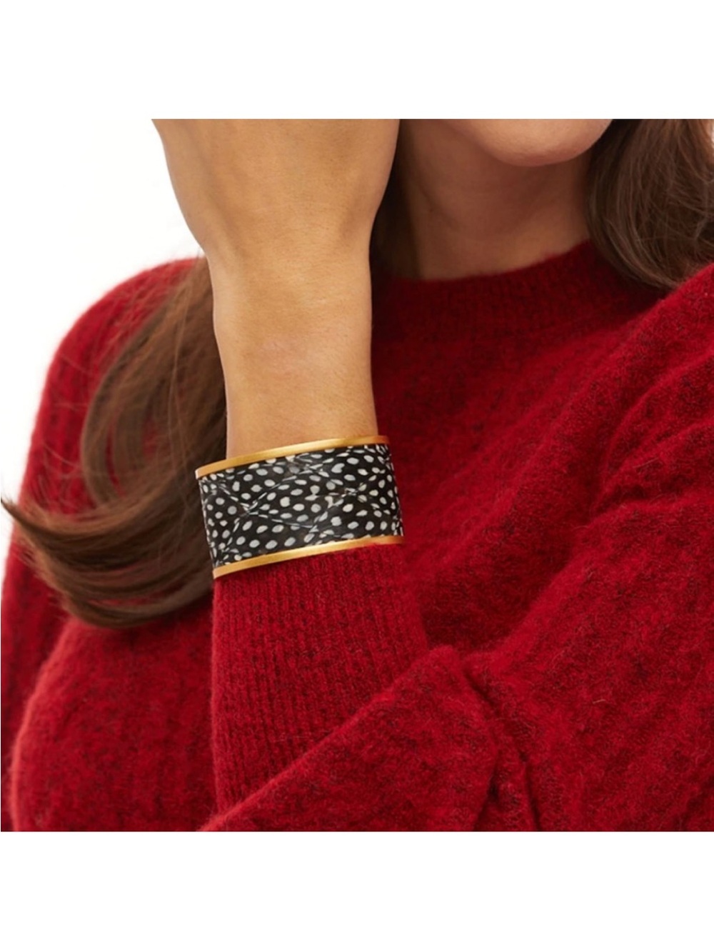Brackish Courtney Wide Cuff Spotted guinea feathers Black White Gold Bracelet